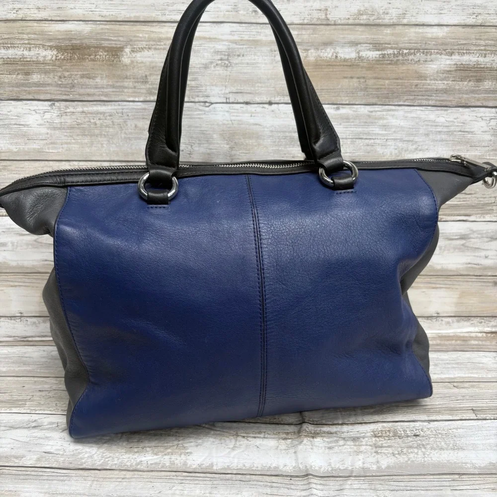 Karen Millen Satchel Bag OS Blue Black Leather Colorblock Tote Purse Quiet Luxuy